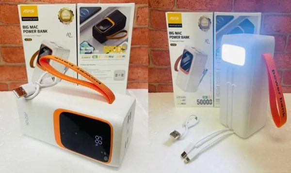 Aspor A350 50,000mah – Fast Charging With Built-in Flashlight Power Bank For Mobile And Laptops (random Color)