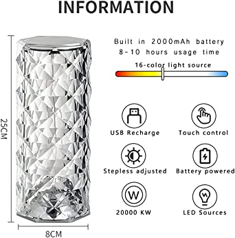 (nw000281) Diamond Rose Crystal Lamp Bedside Acrylic Usb Rechargeable Table Lamp