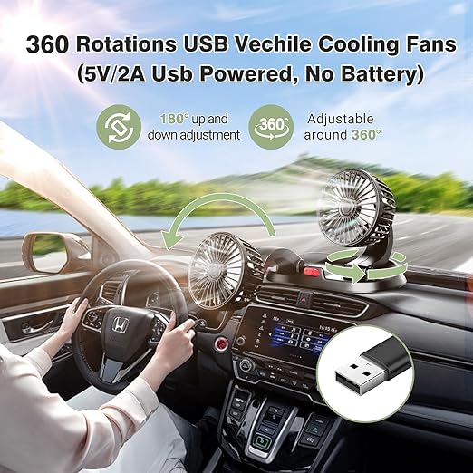 Car Fan Long Neck Double Head Adjustable V Fan For Summer – 360 Degrees Rotatable Dual Head Brushless 5v/2a Usb Powered  fan Motor Low Noise Adjustable Vehicle Fan, Ac Cooling Fan