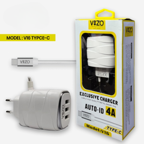 Vizo V16-type-c – 4a Smart Fast Charger (3 Usb Ports + Built-in Type-c Cable) | Best Quality Type-c Charger For Android – Mobile Phone Charger – Android Charger