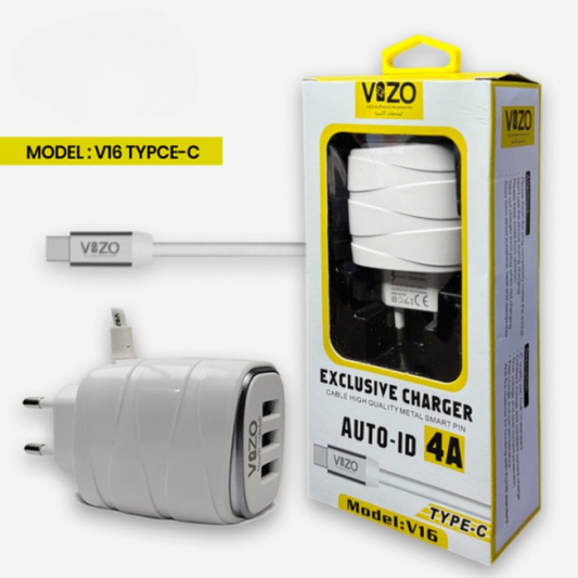Vizo V16-type-c – 4a Smart Fast Charger (3 Usb Ports + Built-in Type-c Cable) | Best Quality Type-c Charger For Android – Mobile Phone Charger – Android Charger
